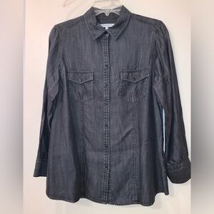Foxcroft Women Grey Denim Button-Up Lunar Wash Cowboy Boyfriend Shirt 8